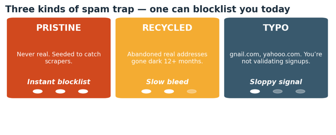 Three kinds of trap, three speeds of damage. Pristine traps can blocklist a domain the moment you hit one.